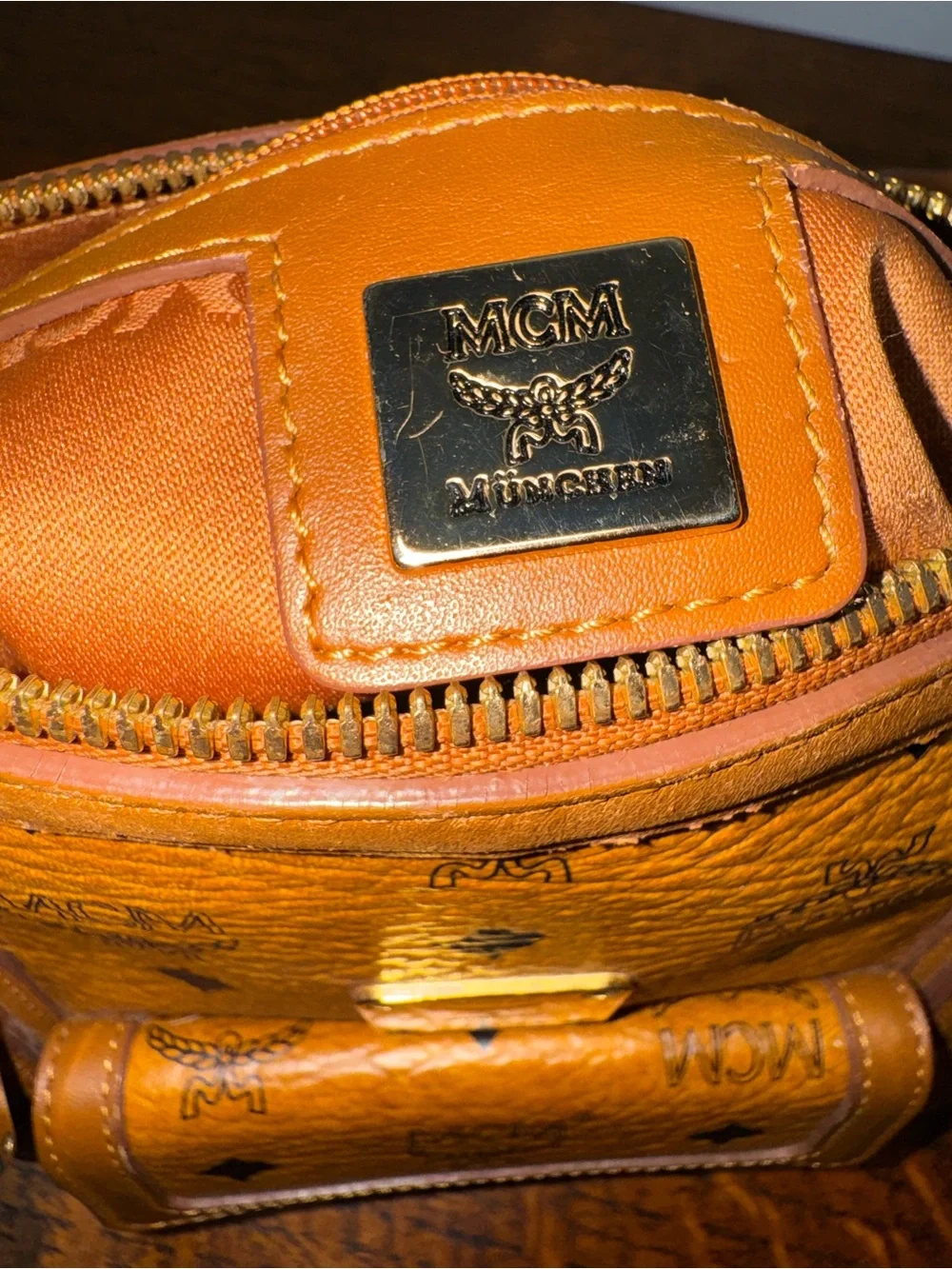 MCM Cognac Visetos Boston Bag w/Front Pocket and COA